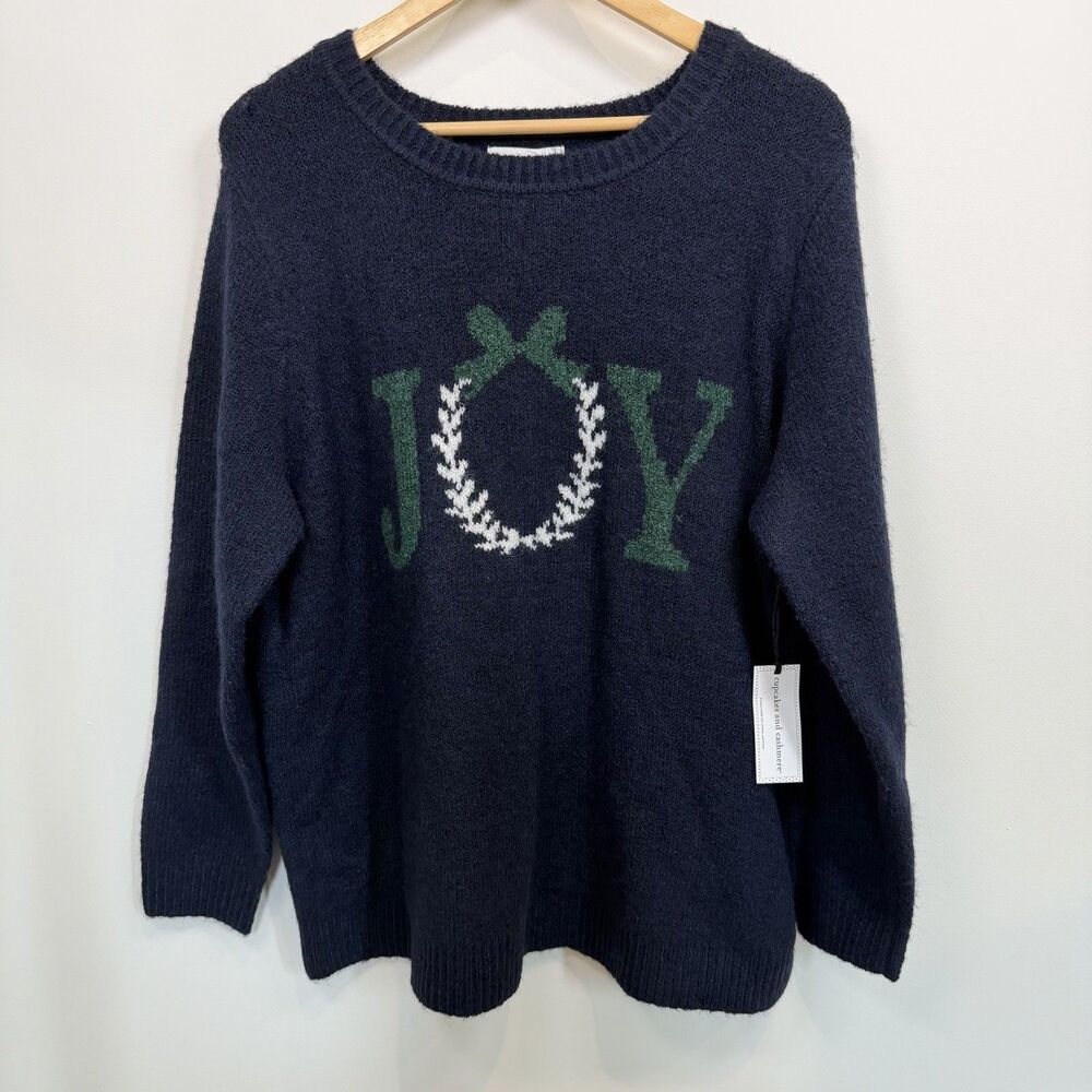 Cupcakes And Cashmere Sweater Womens 1X Navy Blue JOY Christmas Holiday Wreath